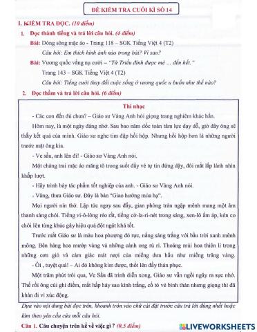 Tiếng Việt 4 - Đề kiểm tra cuối kì số 14