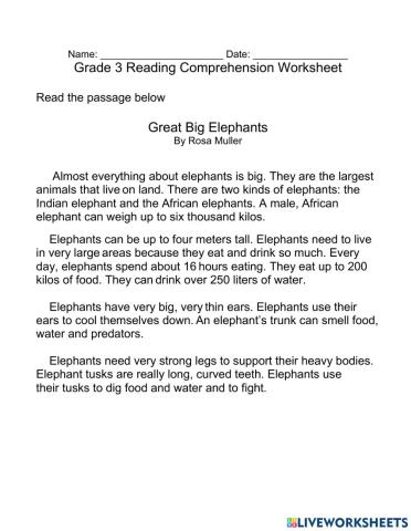 Reading Comprehension Sheet