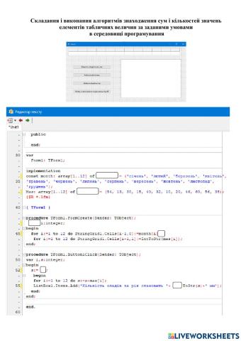 Складання і виконання алгоритмів знаходження сум і кількостей значень елементів табличних величин за заданими умовами  в середовищі прог�