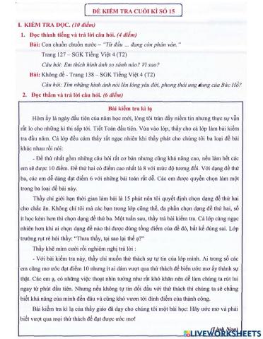Tiếng Việt 4 - Đề kiểm tra cuối kì số 15