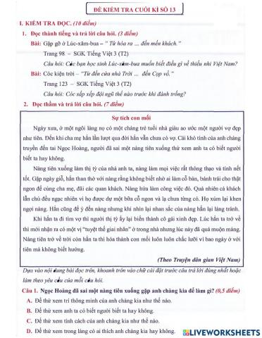 Tiếng Việt 3 - Đề kiểm tra cuối kì số 13