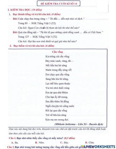 Tiếng Việt 3 - Đề kiểm tra học kì số 14