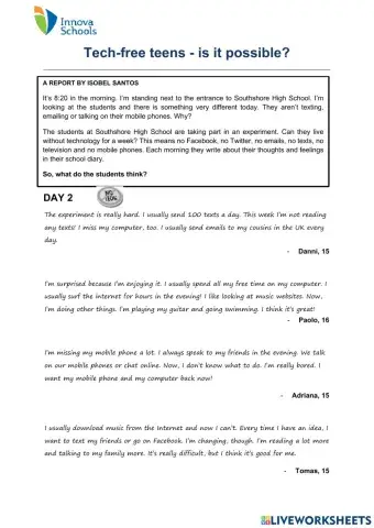 Reading activity: Tech-free teens - is it possible?