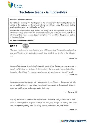 Reading activity: Tech-free teens - is it possible?