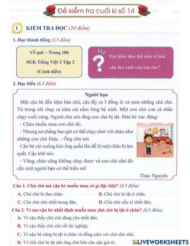 Tiếng Việt 2 - Đề kiểm tra cuối kì số 14