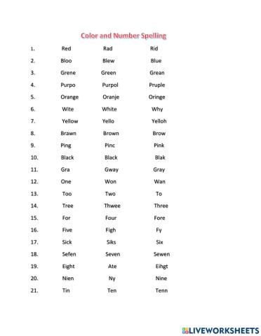 Color numbers spelling
