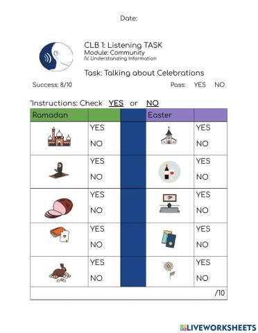 CLB 1 Listening TASK: Celebrations 2