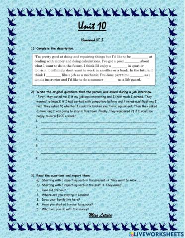 Reporting questions plus vocabulary