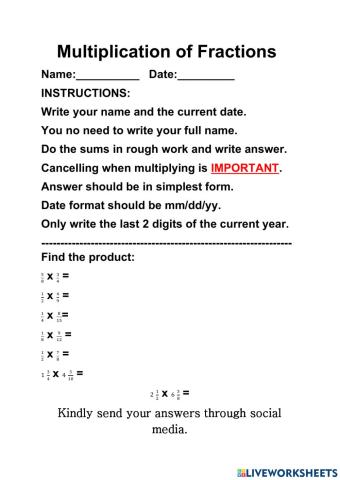 Multiplication of fractions practice worksheet.