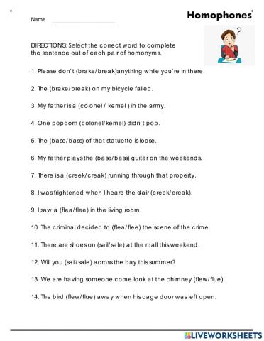 Homophones Worksheet