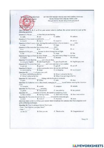 Đề thi tốt nghiệp minh họa  THPT 2022