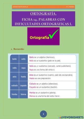 Taller de ortografía. Ficha 14.