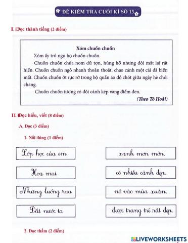 Tiếng Việt 1 - Đề kiểm tra cuối kì số 13