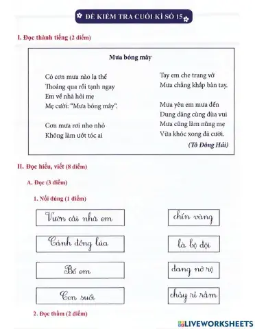 Tiếng Việt 1 - Đề kiểm tra cuối kì số 15