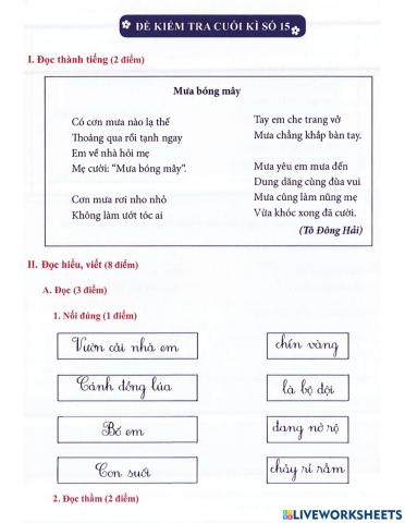 Tiếng Việt 1 - Đề kiểm tra cuối kì số 15