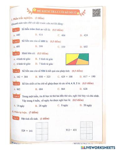 Đề kiểm tra thử cuối kì 2 lớp 2