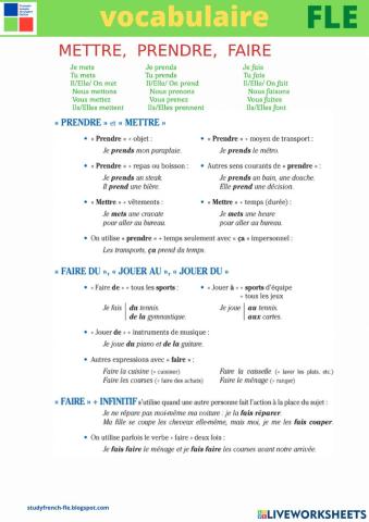 Mettre - Prendre -Faire
