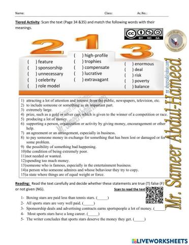 Reading & Vocab sportspeople wages