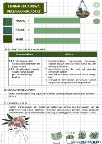 Lembar Kerja Siswa : Persamaan Kuadrat