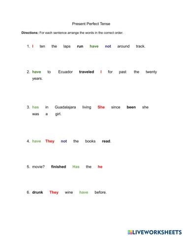 Present Perfect Mixed Up Sentences