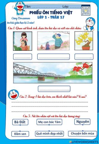 Lớp 2 - Tiếng việt - Tuần 27 - Đề 1