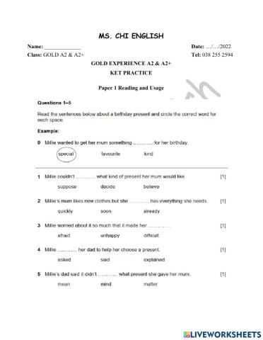 25.04.22- Gold A2, A2+- KET Practice
