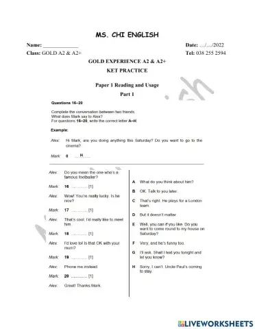 27.04.22 - Gold A2,A2+- KET Practice