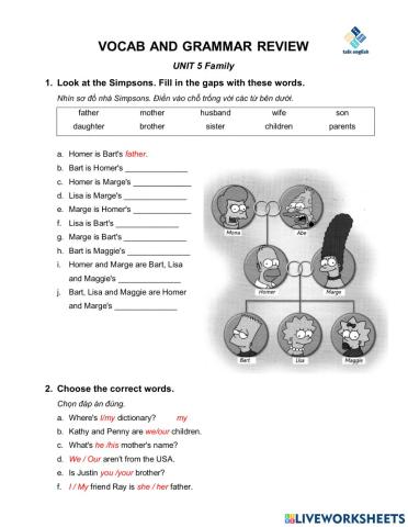 VOCAB AND GRAMMAR REVIEW UNIT 5 Family