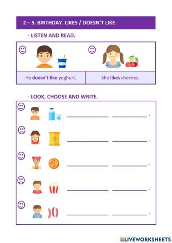 2-5. birthday. like - doesn't like. choose. drag and drop