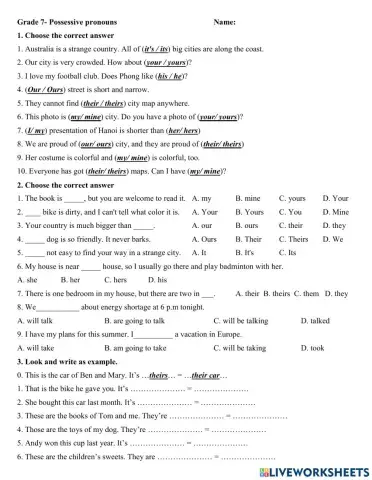 Grade 7- Possessive pronouns
