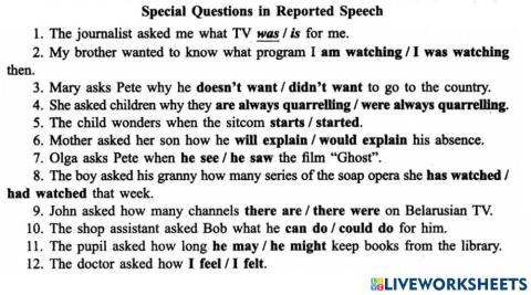 Reported Speech Special questions
