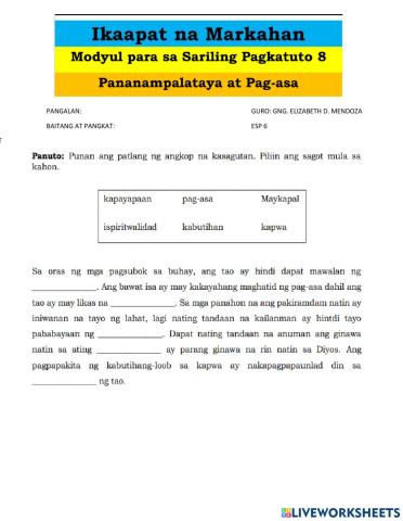 Esp-modyul 8 Pagpapaunlad ng Ispiritwalidad