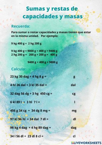 Sumas y restas de capacidad y masa