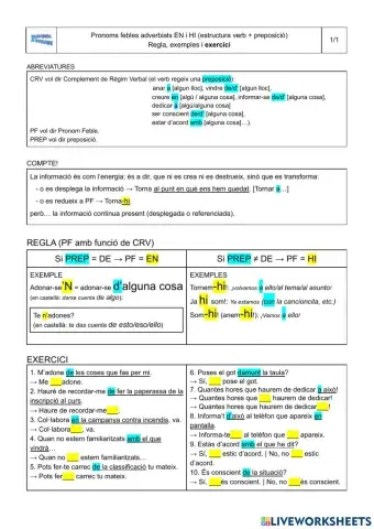 Pronoms febles adverbials (en, hi)