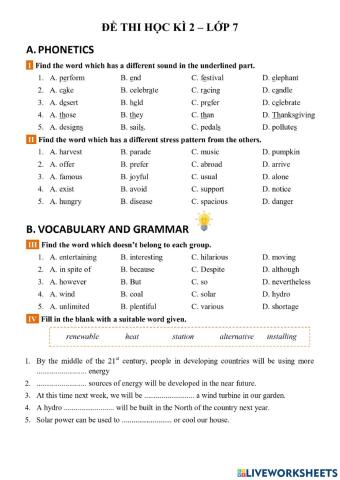 Lớp 7. Đề thi học kì 2