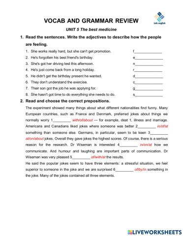 VOCAB AND GRAMMAR REVIEW UNIT 5 The best medicine