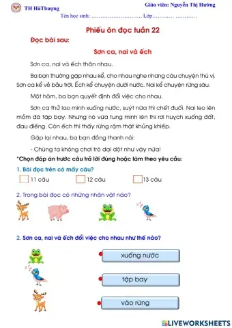 Đọc hiểu Sơn ca nai và ếch