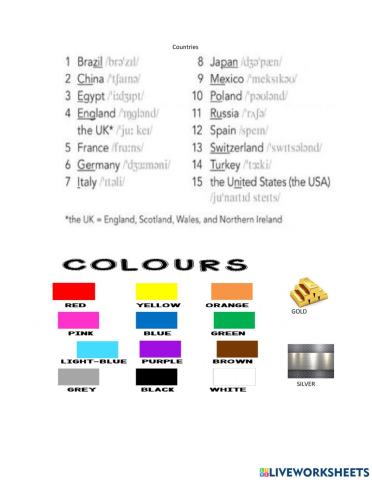 Pronunciation: days of the week, numbers, colours, countries
