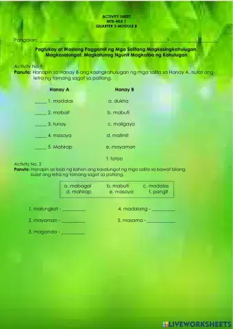 Pagtukoy at Wastong Paggamit ng Mga Salitang Magkasingkahulugan, Magkasalungat, Magkatunog Ngunit Magkaiba ng Kahulugan