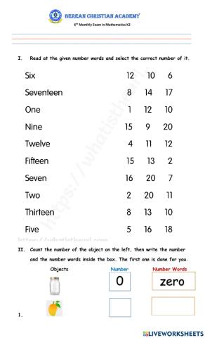6th Monthly Exam in Math K2