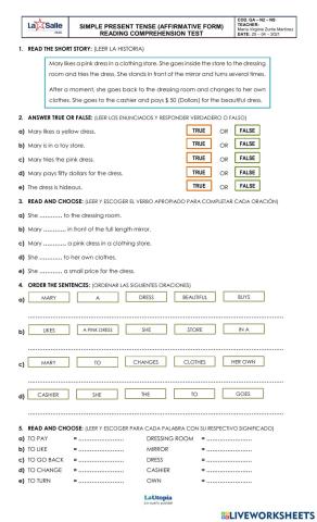 Simple present tense (affirmative form) - reading comprehension test