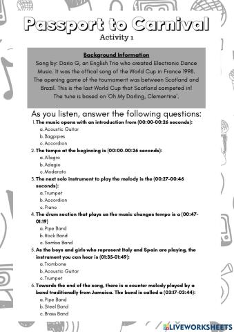 Passport to Carnival - Activity 1
