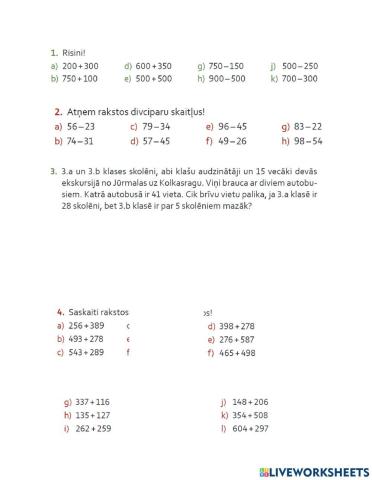 Trīsciparu skaitļu saskaitīšana un atņemšana
