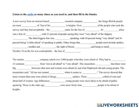 Fears-Phobias Top Fears UK Dictation Exercise