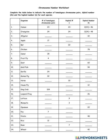 Chromosome Number Worksheet