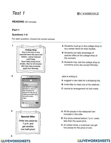 Reading part 1 PET 2020