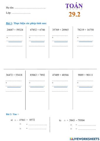 Phiếu bài tập Toán 29.2