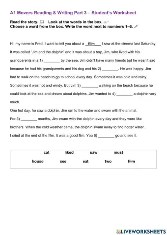 A1 Movers Reading & Writing Part 3