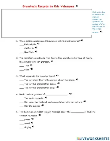 Grandma's Record Read Aloud Comprehension