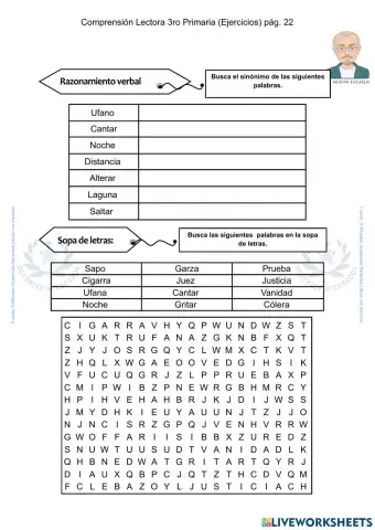 Comprensión Lectora 3ro Primaria (Ejercicios) pág. 22 - Sopa de letras